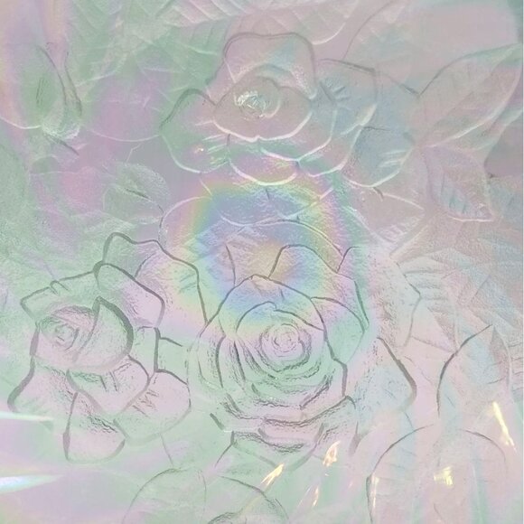 Iridescent Clear Carnival Glass Rose Round Swirl Scalloped Rainbow Platter - Picture 4 of 7